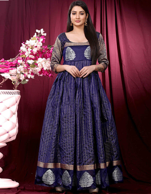 Blue Designer Party Wear Pure Silk Readymade Gown