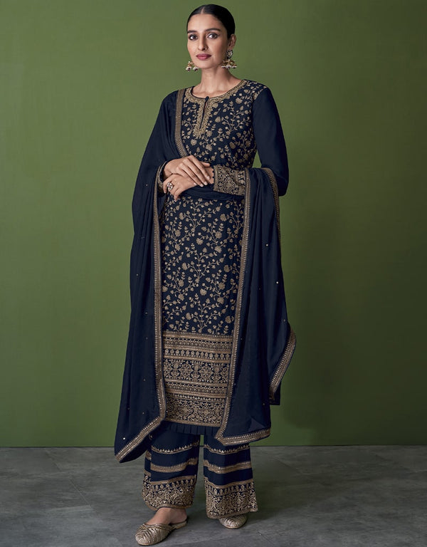 Dark Blue Pant style Suit Faux Georgette Salwar Kameez in Embroidery, Sequins & Lace Work