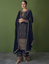 Dark Blue Pant style Suit Faux Georgette Salwar Kameez in Embroidery, Sequins & Lace Work
