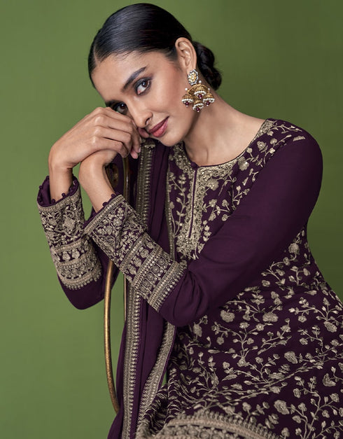 Dark Purple Pant style Suit Faux Georgette Salwar Kameez in Embroidery, Sequins & Lace Work Closure View