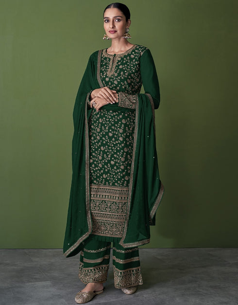 Green Pant style Suit Faux Georgette Salwar Kameez in Embroidery, Sequins & Lace Work