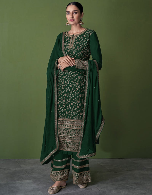 Green Pant style Suit Faux Georgette Salwar Kameez in Embroidery, Sequins & Lace Work