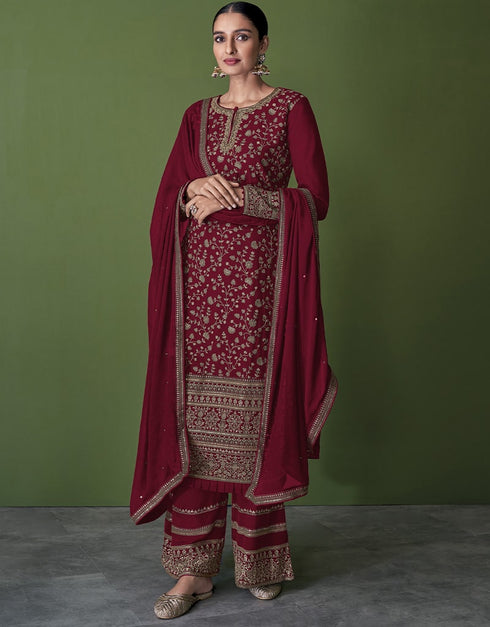 Maroon Pant style Suit Faux Georgette Salwar Kameez in Embroidery, Sequins & Lace Work