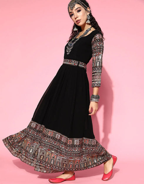 Black Designer Casual Wear Readymade Georgette Kurti Back View
