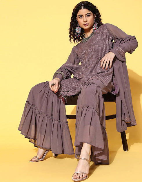 Mauve Poly Georgette Sharara Suit Closure View