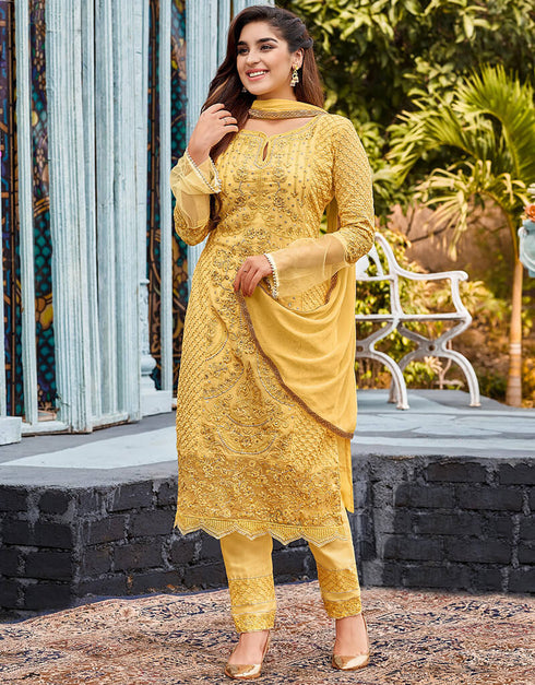 Yellow Heavy Fox Georgette Pant Suit
