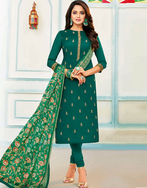 Green Chanderi Cotton Chudidar Salwar Suit