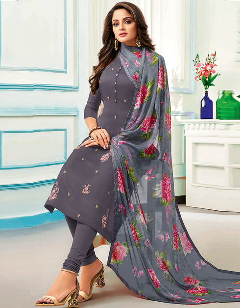 Dark Grey Chanderi Cotton Chudidar Salwar Suit Closure View