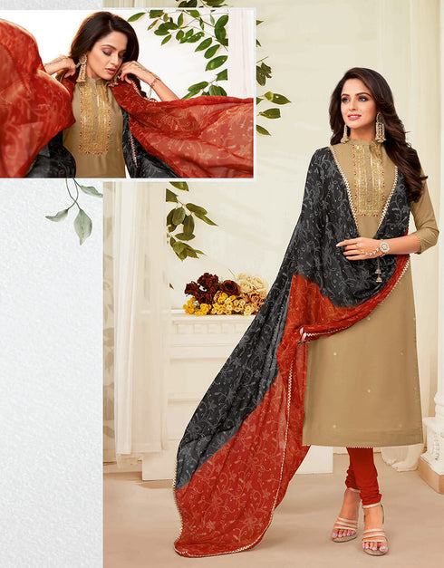 Beige Chanderi Cotton Chudidar Salwar Suit