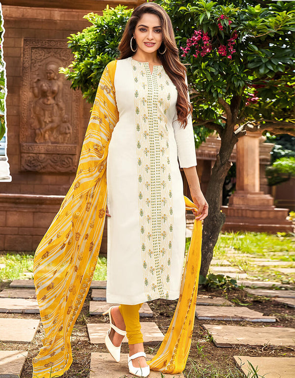 White Chanderi Cotton Chudidar Salwar Suit