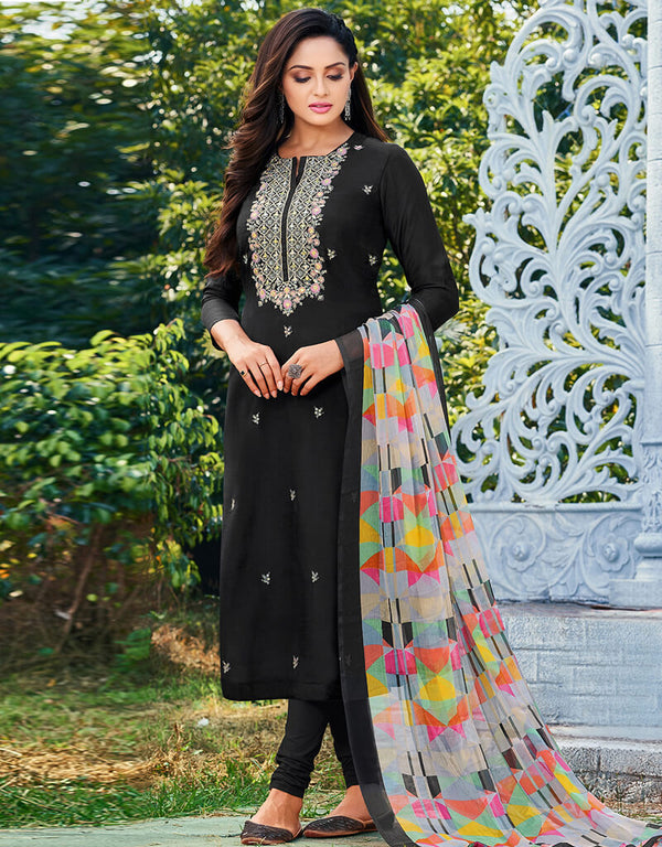 Black Chanderi Cotton Chudidar Salwar Suit