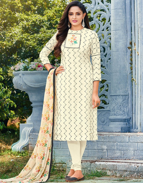 Cream Chanderi Cotton Chudidar Salwar Suit