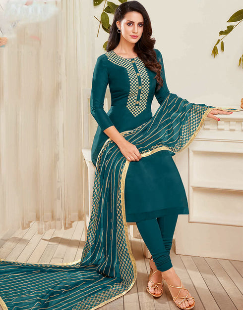 Teal Blue Chanderi Cotton Chudidar Suit Closure View