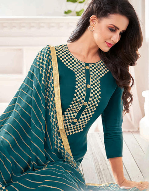 Teal Blue Chanderi Cotton Chudidar Suit Back View