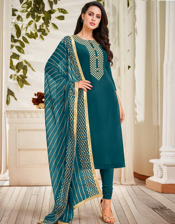 Teal Blue Chanderi Cotton Chudidar Suit