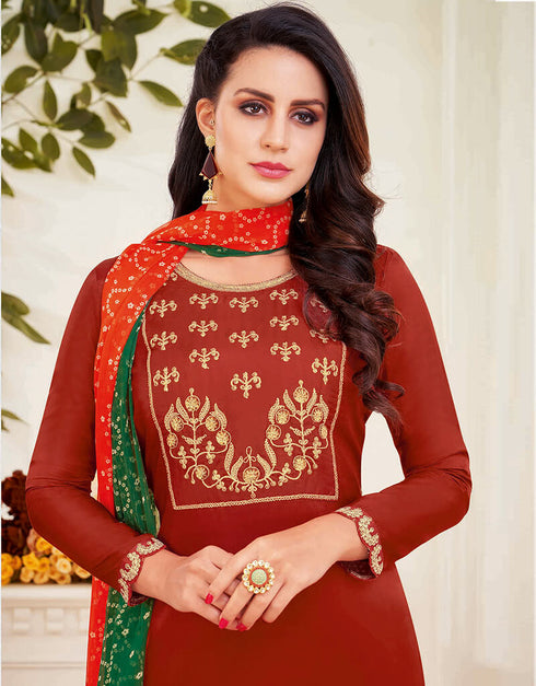 Rust Chanderi Cotton Chudidar Suit Closure View