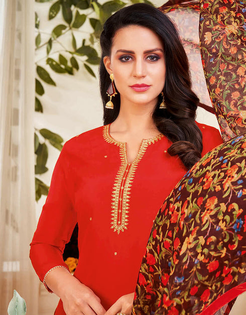 Red Chanderi Cotton Chudidar Suit Closure View