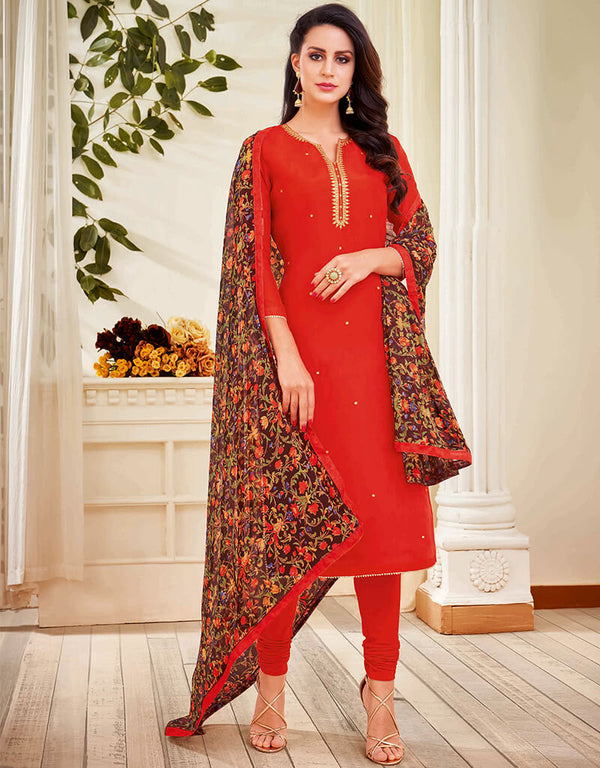 Red Chanderi Cotton Chudidar Suit