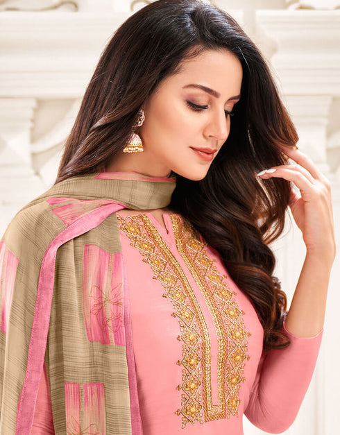 Light Pink Chanderi Cotton Chudidar Suit Back View