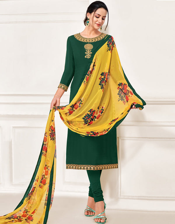 Green Chanderi Cotton Chudidar Suit