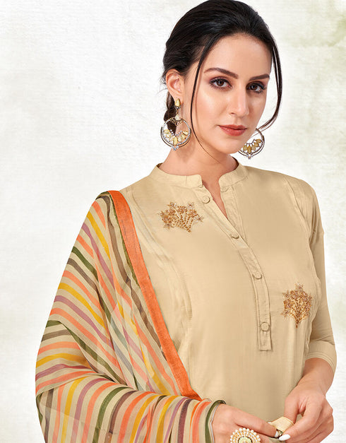 Beige Chanderi Cotton Chudidar Suit Closure View