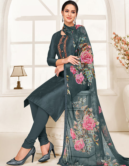 Dark Grey Chanderi Cotton Chudidar Suit Closure View