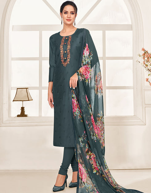 Dark Grey Chanderi Cotton Chudidar Suit