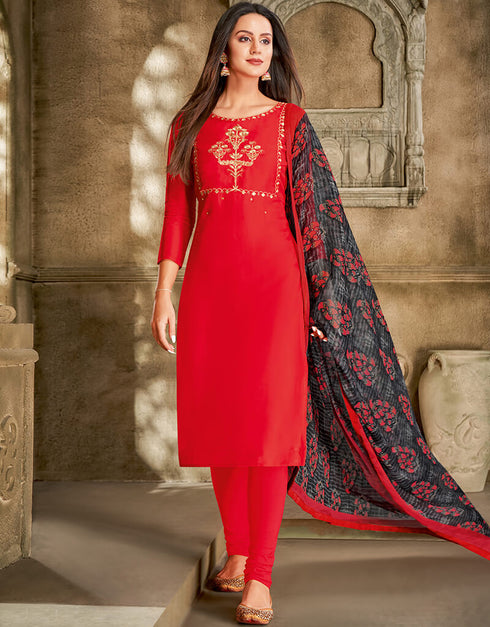 Red Chanderi Cotton Chudidar Suit