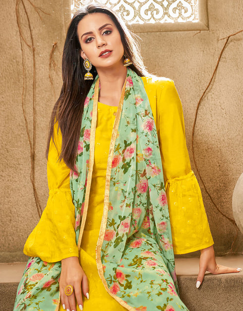Yellow Chanderi Cotton Chudidar Suit Closure View