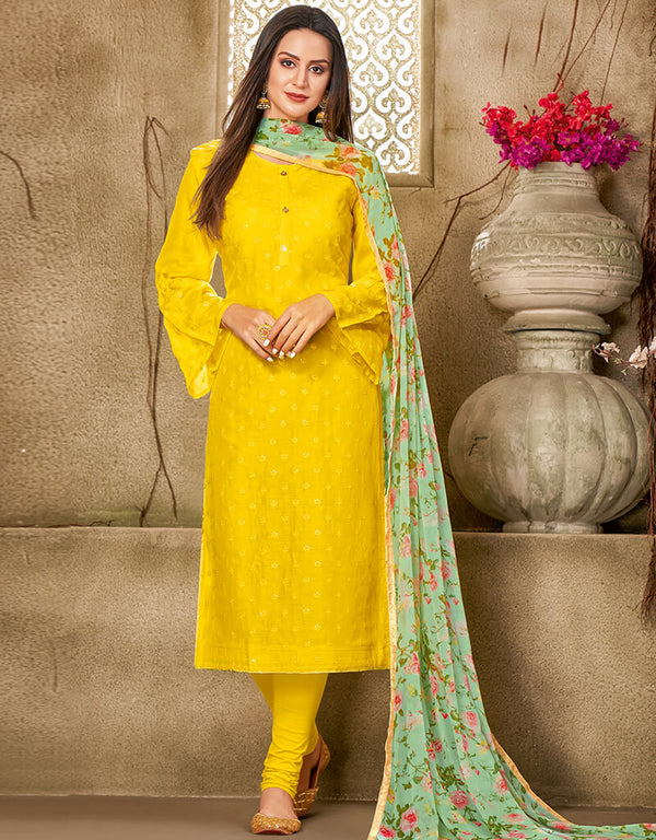 Yellow Chanderi Cotton Chudidar Suit