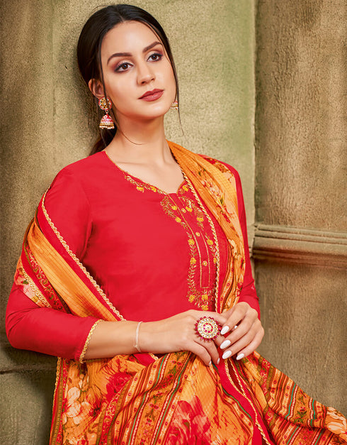 Red Chanderi Cotton Chudidar Suit Closure View