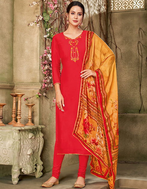 Red Chanderi Cotton Chudidar Suit