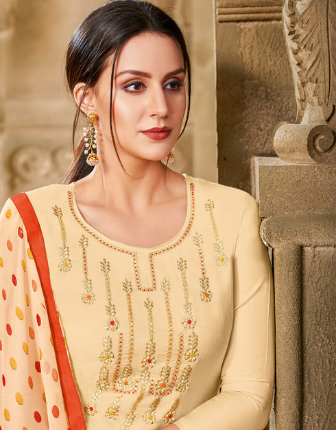 Cream Chanderi Cotton Chudidar Suit Closure View