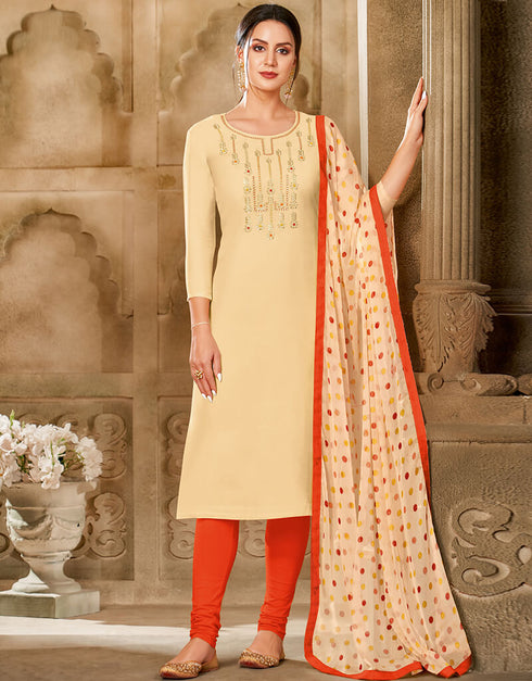 Cream Chanderi Cotton Chudidar Suit