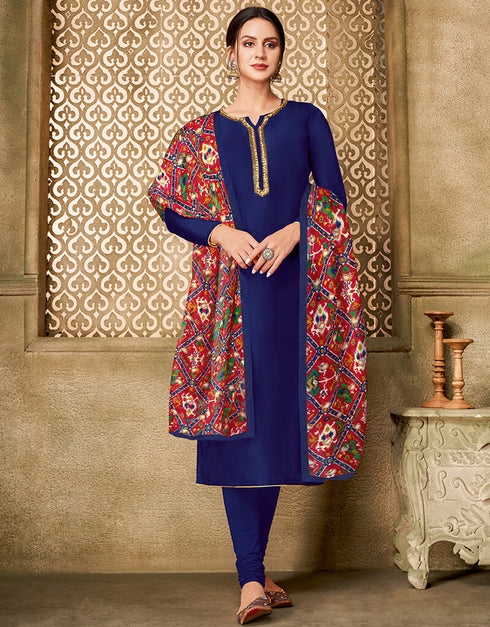Blue Chanderi Cotton Chudidar Suit