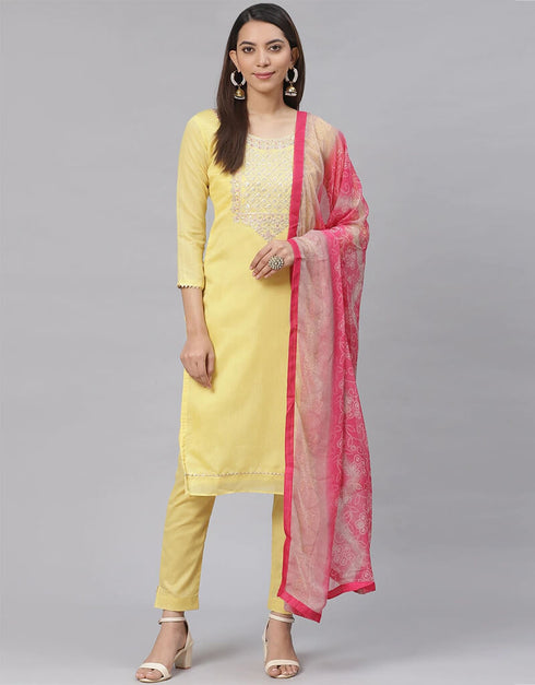 Yellow Chanderi Cotton Pant Salwar Suit Closure View