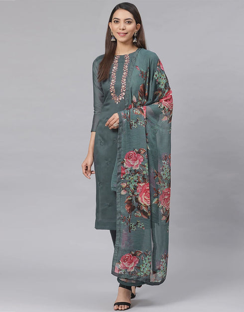 Dark Grey Chanderi Cotton Pant Salwar Suit Closure View