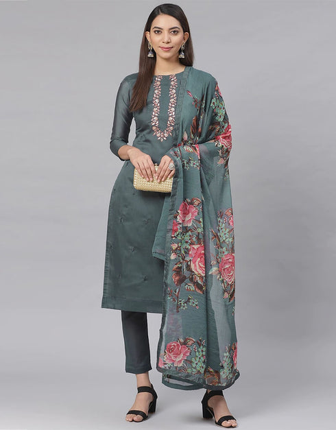 Dark Grey Chanderi Cotton Pant Salwar Suit