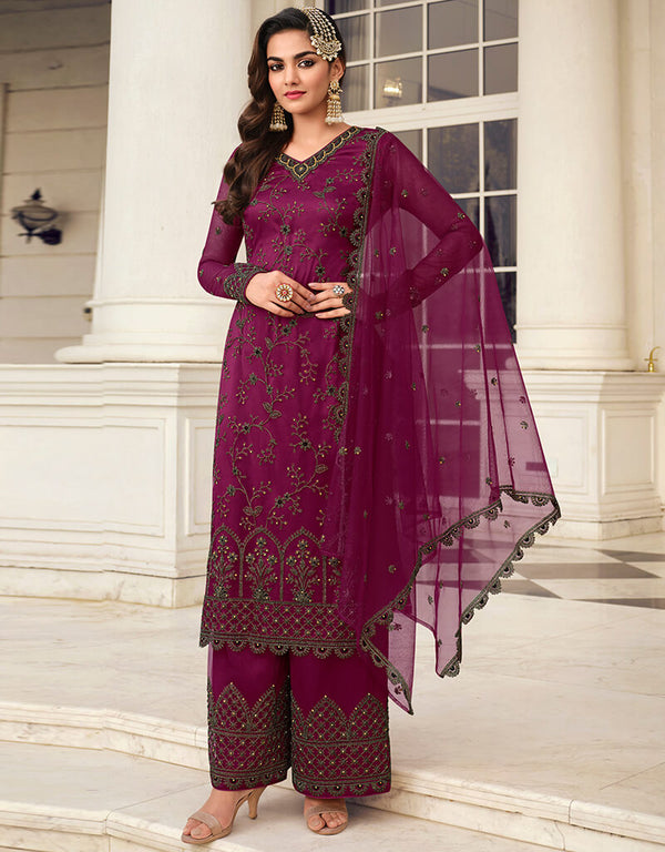 Dark Pink Butterfly Net Palazzo Suit