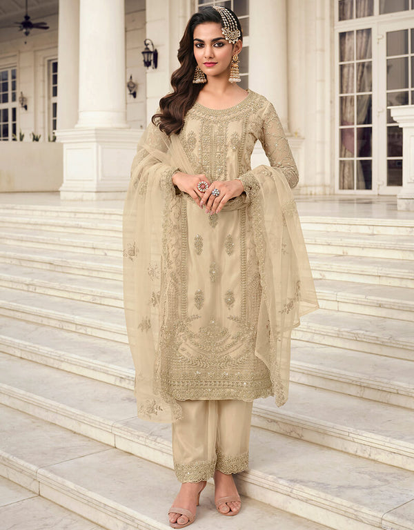 Beige Butterfly Net Pant Suit