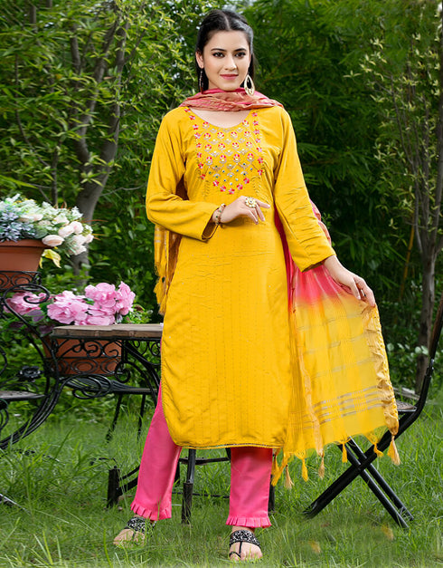 Yellow Heavy 14Kg Rayon Pant Suit