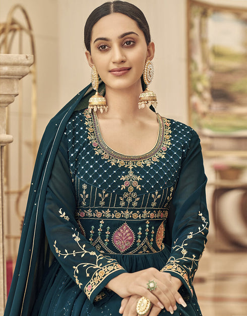Navy Blue Heavy Fox Georgette Anarkali Salwar Suit Closure View