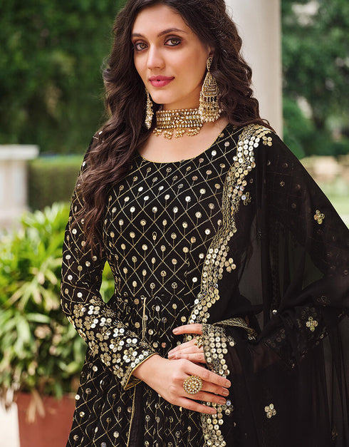 Black Real Georgette Anarkali Suit Closure View