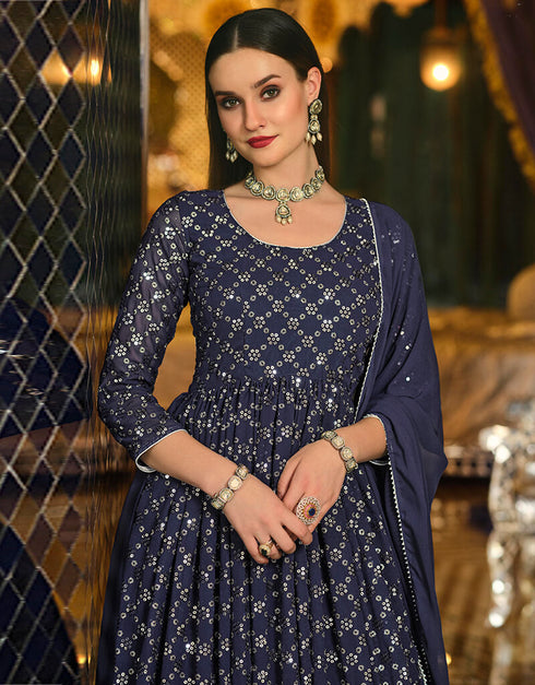 Navy Blue Real Georgette Lehenga Suit Closure View