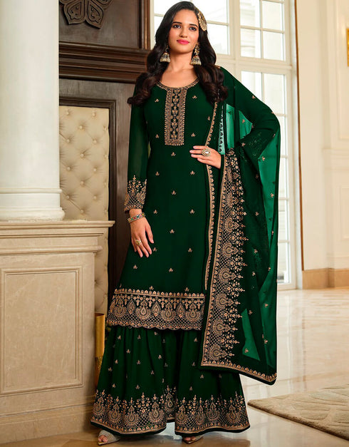 Palm Green Palazzo style Salwar Kameez Semi-Stitched Salwar Kameez Salwar Kameez in Embroidered, Beeds & Lace Work