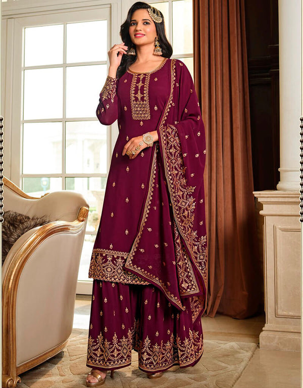 Bordeaux Palazzo style Salwar Kameez Semi-Stitched Salwar Kameez Salwar Kameez in Embroidered, Beeds & Lace Work