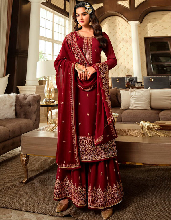Wine Red Palazzo style Salwar Kameez Semi-Stitched Salwar Kameez Salwar Kameez in Embroidered, Beeds & Lace Work