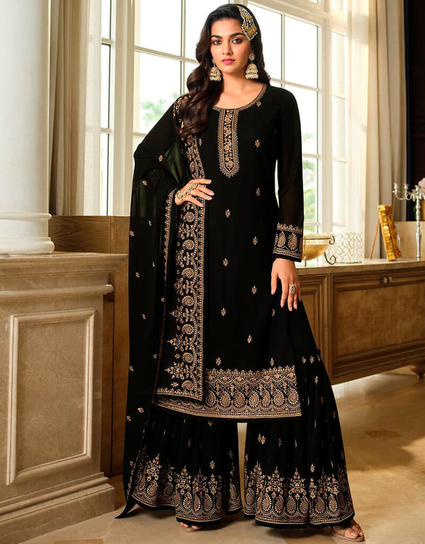 Smoky Black Palazzo style Salwar Kameez Semi-Stitched Salwar Kameez Salwar Kameez in Embroidered, Beeds & Lace Work