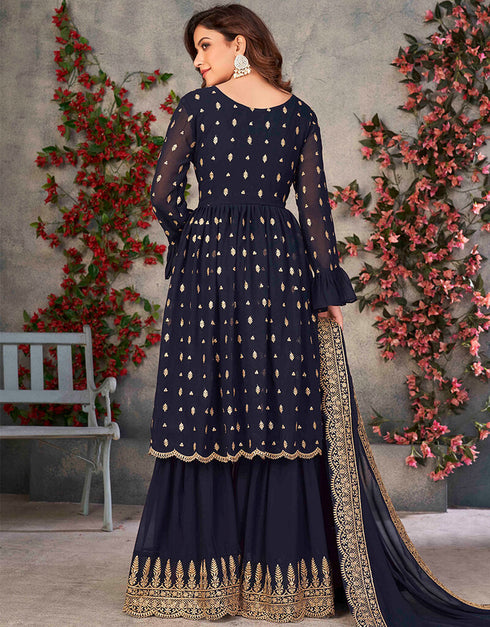 Navy Blue Fox Georgette Sharara Suit Back View