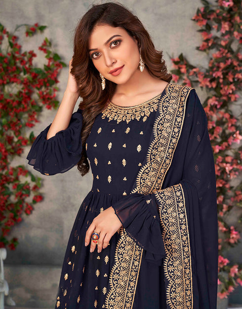 Navy Blue Fox Georgette Sharara Suit Closure View